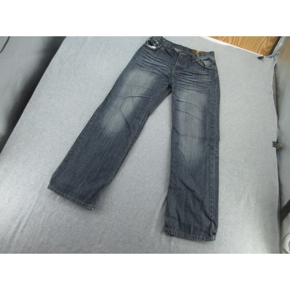 GS115 Mens Jeans Straight Leg Dark Wash Studded Distressed Size 18